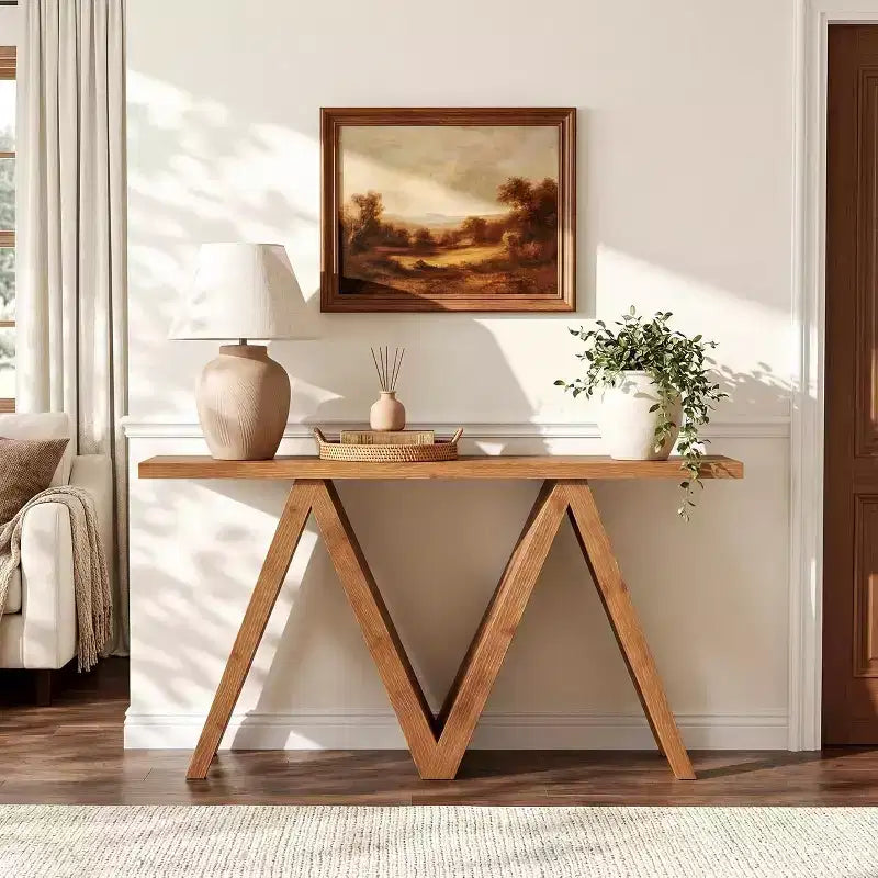 Console en bois massif avec piètement en M, table de canapé de style ferme