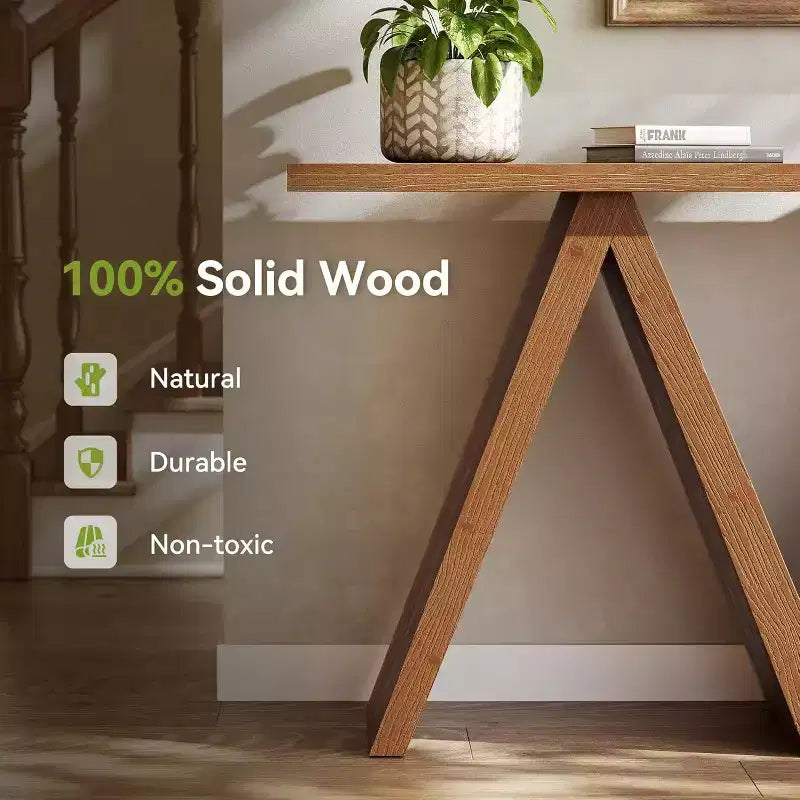 Console en bois massif avec piètement en M, table de canapé de style ferme