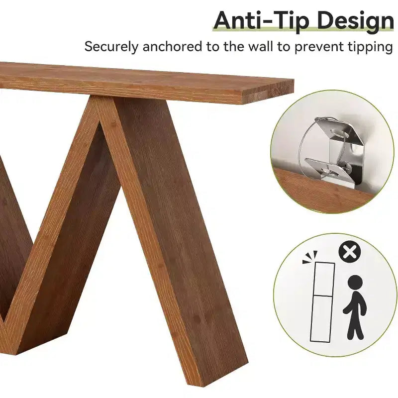 Console en bois massif avec piètement en M, table de canapé de style ferme
