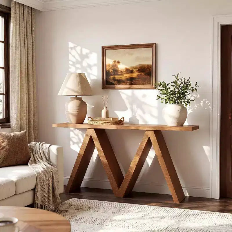 Console en bois massif avec piètement en M, table de canapé de style ferme