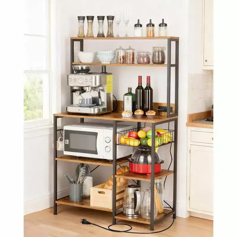 4-Tier Kitchen Bakers Rack & Microwave Stand with Storage. Coffee Bar Station & Spice Utility Shelf Rack with 5 S-Hooks