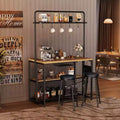 Industrial Kitchen Island Dining Table with Power Outlet 42'' Table Storage Shelves 2 Bar Stools 5 Hooks Microwave Stand Coffee Bar