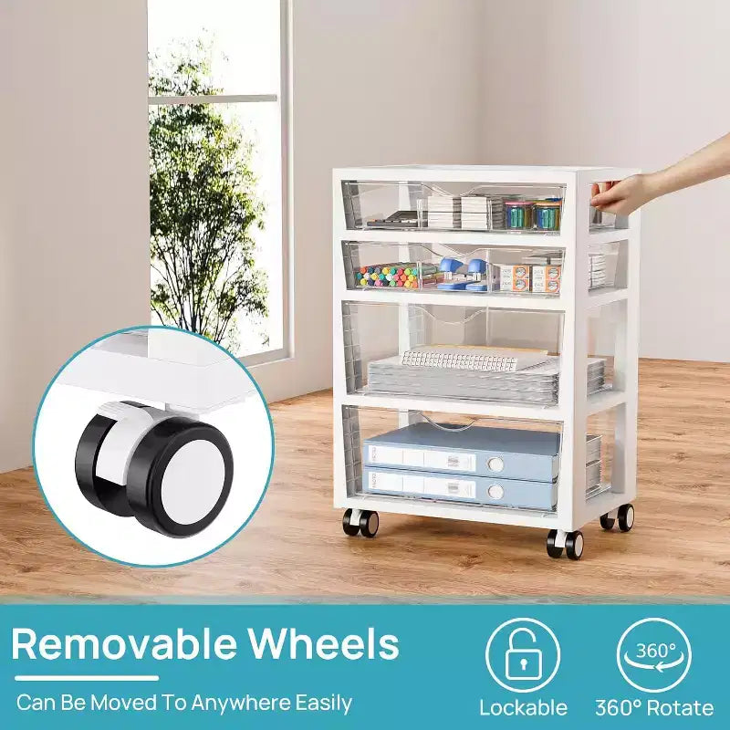 Chariot de rangement à roulettes en plastique à 4 tiroirs