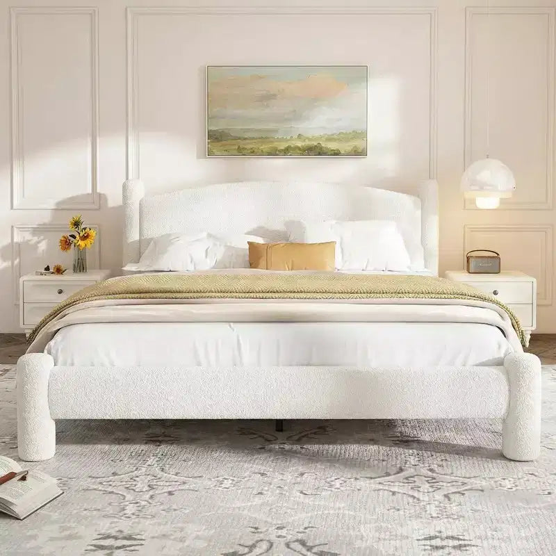 Coolmee King Size Boucle Upholstered Platform Cloud Bed Frame Soft Round Headboard Cylindrical Legs Heavy Duty Noise Free Design