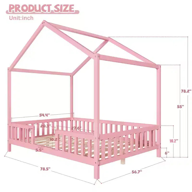 Lit Montessori pleine grandeur en forme de maison basse avec rideaux
