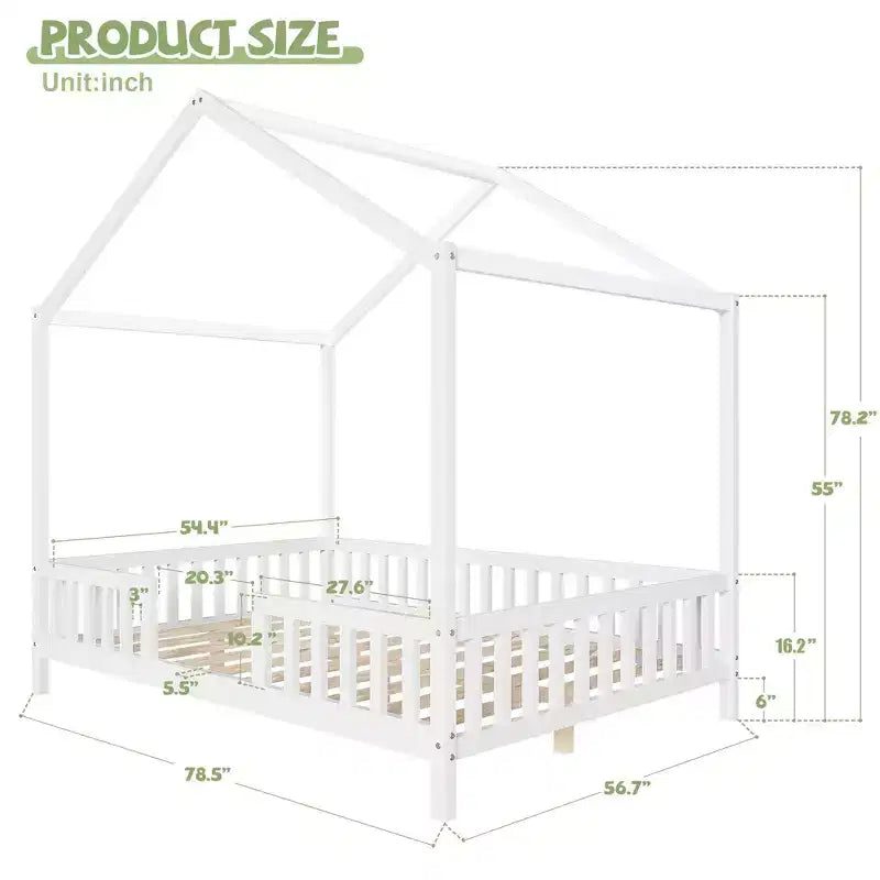 Lit Montessori pleine grandeur en forme de maison basse avec rideaux