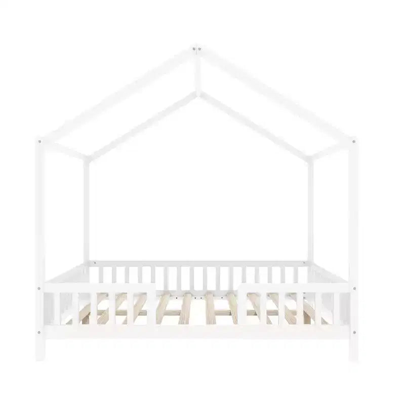Lit Montessori pleine grandeur en forme de maison basse avec rideaux