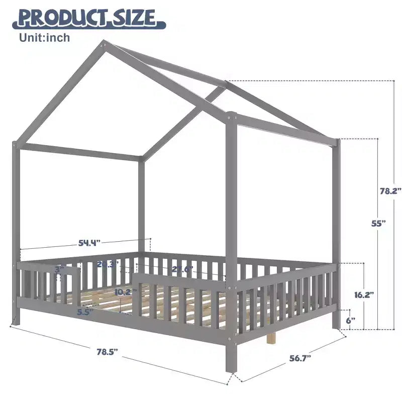 Lit Montessori pleine grandeur en forme de maison basse avec rideaux