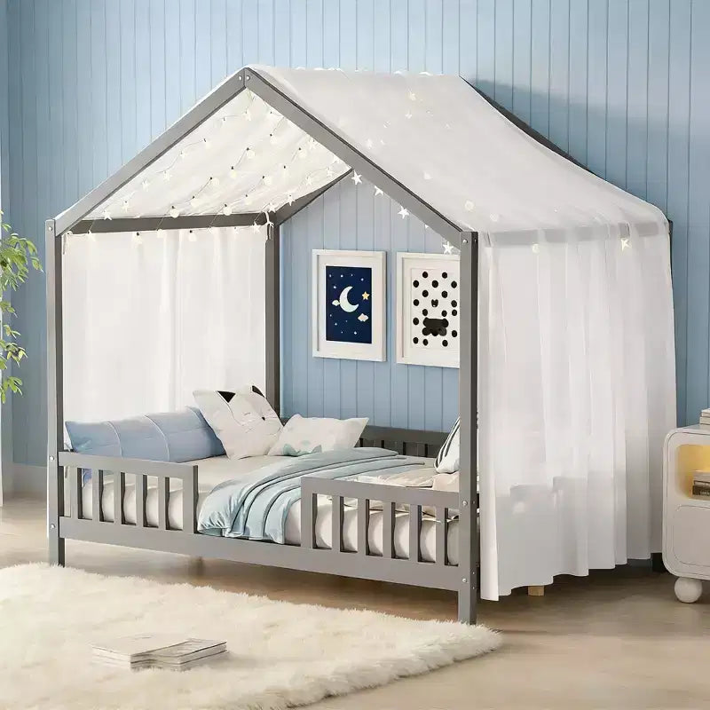 Luxystar Full Size Low House Shape Montessori Bed Frame With Curtains