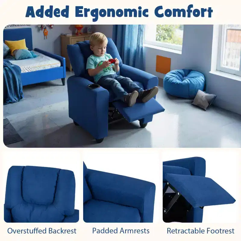 Fauteuil inclinable pour enfants avec porte-gobelet, dossier et repose-pieds réglables pour garçons