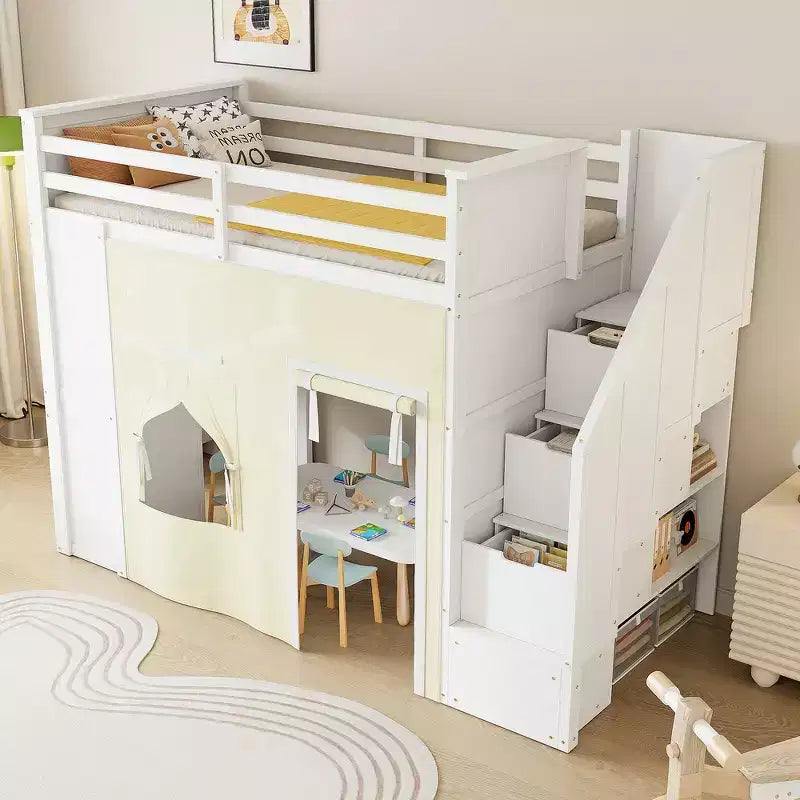 Whisen Twin Size Loft Bed with Desk Storage Staircase Drawers Curtain Solid Pine Wood-White