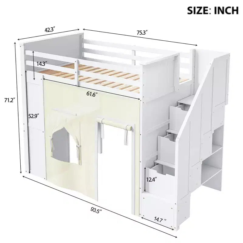 Lit mezzanine double avec bureau de rangement et escalier