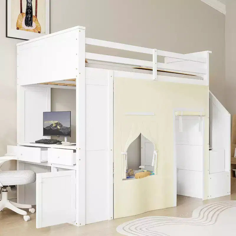 Lit mezzanine double avec bureau de rangement et escalier