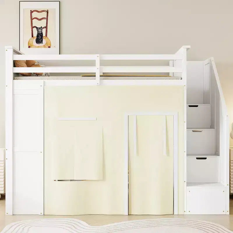 Lit mezzanine double avec bureau de rangement et escalier