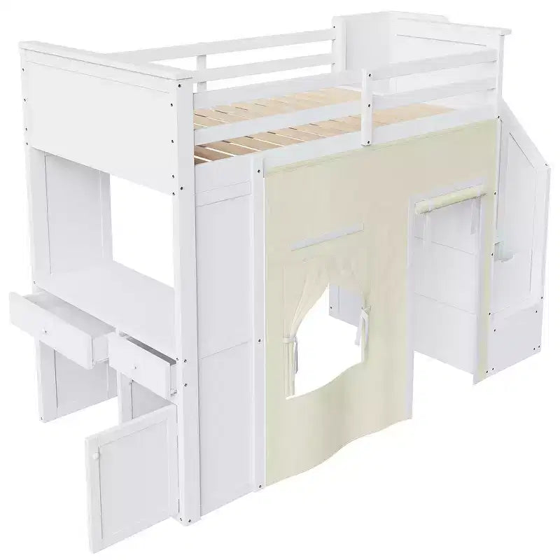 Lit mezzanine double avec bureau de rangement et escalier