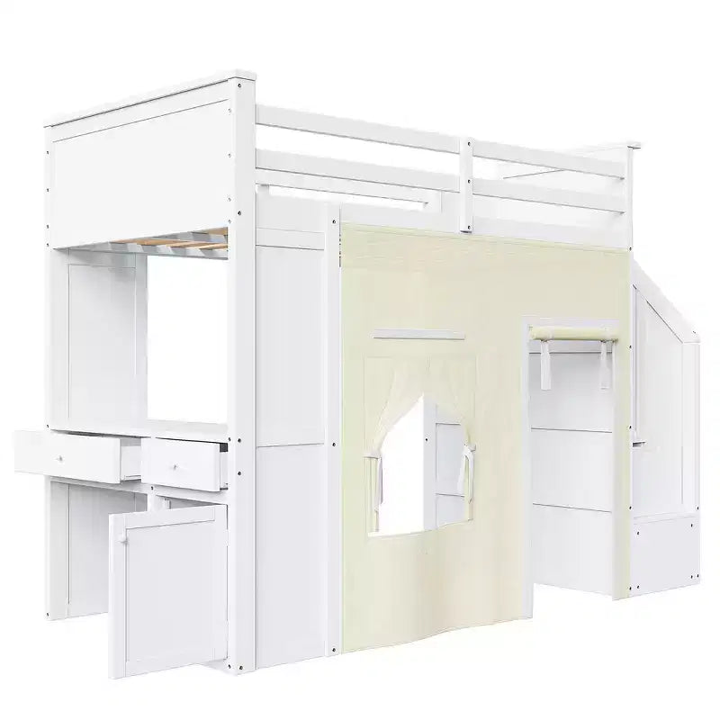Lit mezzanine double avec bureau de rangement et escalier