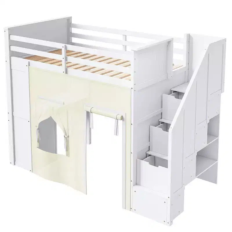 Lit mezzanine double avec bureau de rangement et escalier