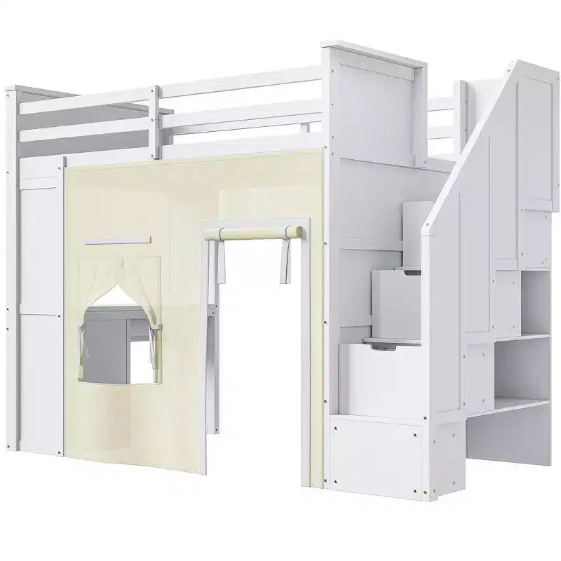 Lit mezzanine double avec bureau de rangement et escalier