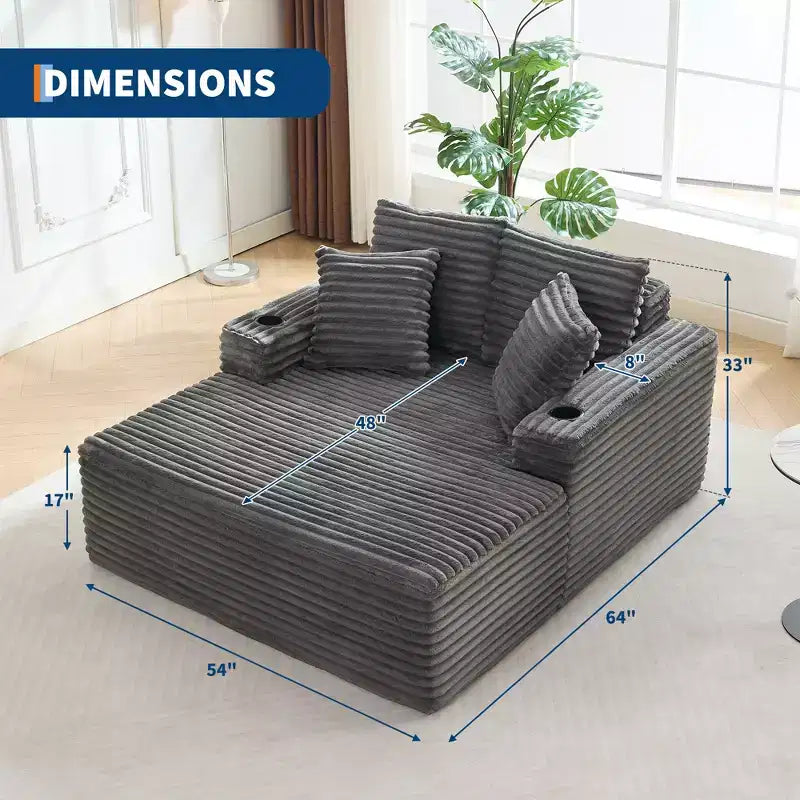 Chaise longue moderne en velours côtelé avec ports USB et porte-gobelets, 152 cm (60 po)