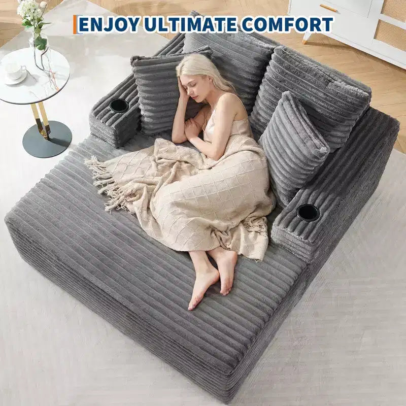 Chaise longue moderne en velours côtelé avec ports USB et porte-gobelets, 152 cm (60 po)