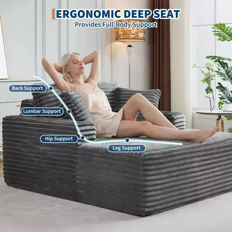 Chaise longue moderne en velours côtelé avec ports USB et porte-gobelets, 152 cm (60 po)