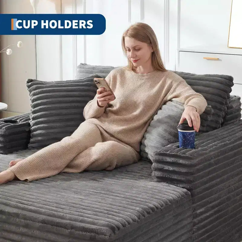 Chaise longue moderne en velours côtelé avec ports USB et porte-gobelets, 152 cm (60 po)