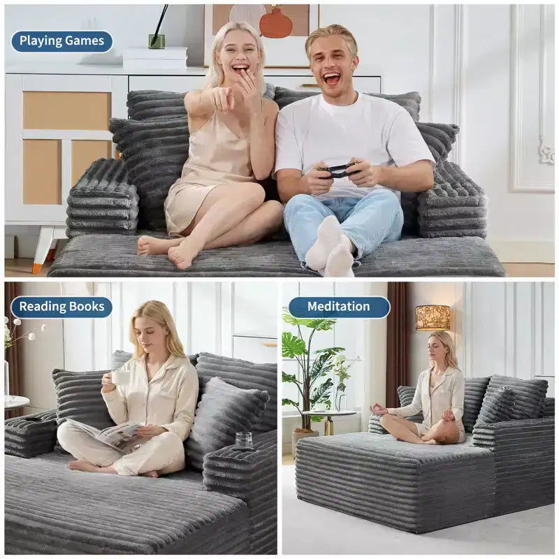 Chaise longue moderne en velours côtelé avec ports USB et porte-gobelets, 152 cm (60 po)