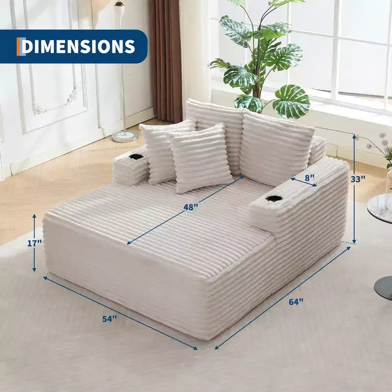 Chaise longue moderne en velours côtelé avec ports USB et porte-gobelets, 152 cm (60 po)