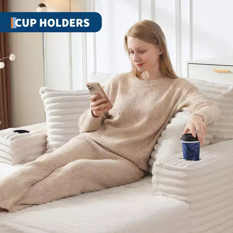Chaise longue moderne en velours côtelé avec ports USB et porte-gobelets, 152 cm (60 po)