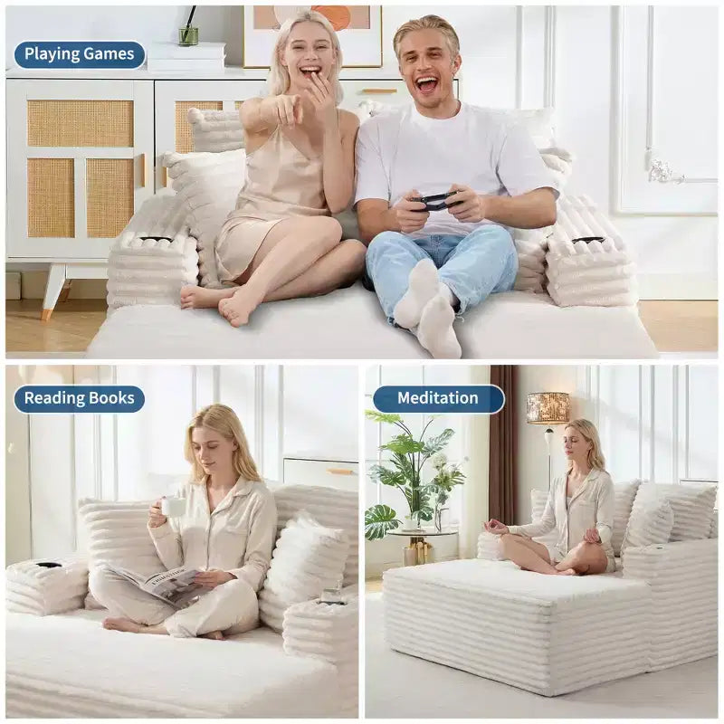 Chaise longue moderne en velours côtelé avec ports USB et porte-gobelets, 152 cm (60 po)