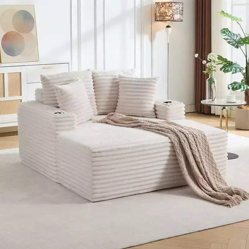 Chaise longue moderne en velours côtelé avec ports USB et porte-gobelets, 152 cm (60 po)
