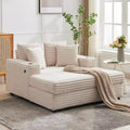 Modern 60 Indoor Corduroy Chaise Lounge w/ USB Ports & Cup Holders, Reclining Sofa Couch w/ Throw Pillows for Living Room, Apartment & Office