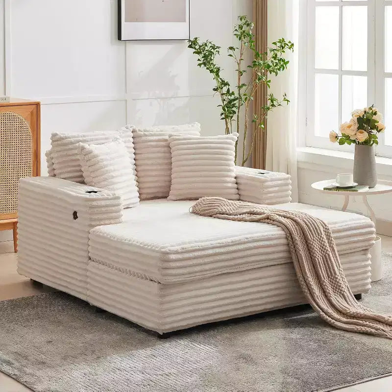 Modern 60 Indoor Corduroy Chaise Lounge w/ USB Ports & Cup Holders, Reclining Sofa Couch w/ Throw Pillows for Living Room, Apartment & Office