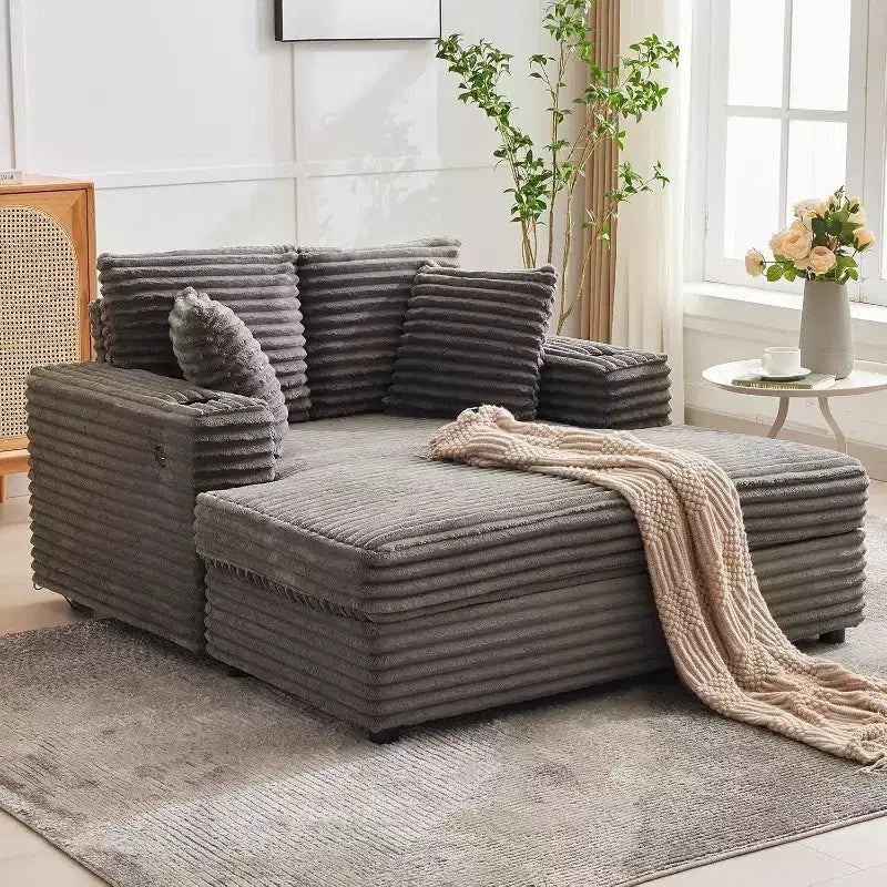 Chaise longue moderne en velours côtelé avec ports USB et porte-gobelets, 152 cm (60 po)