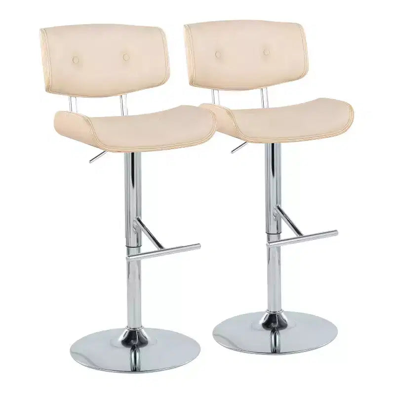 Set of 2 Lombardi Adjustable Barstools Chrome/Natural/Cream: Mid-Century Tufted Bent Wood 360° Swivel - LumiSource