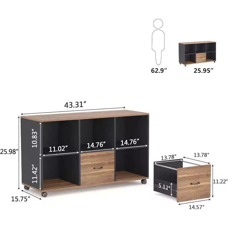 Classeurs latéraux à 2 tiroirs, classeur mobile en bois de 43 pouces
