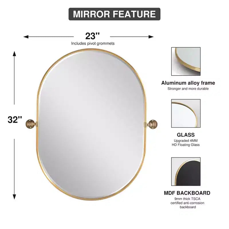 Miroir de courtoisie ovale à cadre métallique pivotant pour salle de bain - Lot de 2