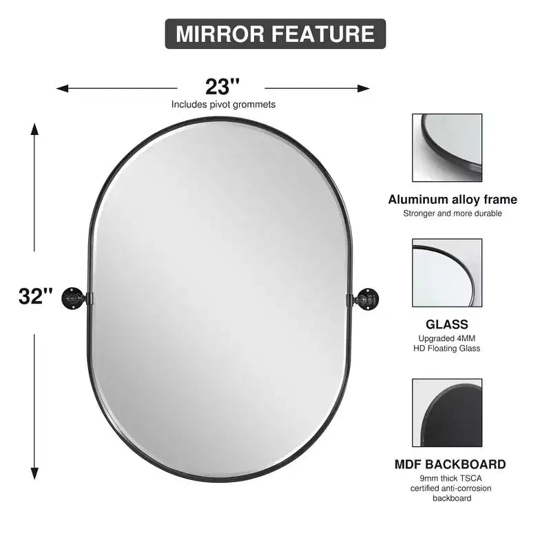 Miroir de courtoisie ovale à cadre métallique pivotant pour salle de bain - Lot de 2