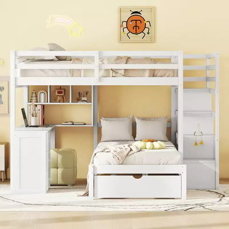 Lit superposé double sur simple avec bureau/armoire