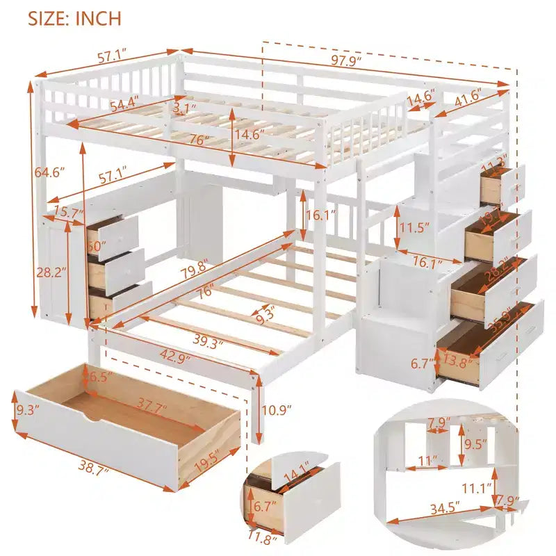 Lit superposé double sur simple avec bureau/armoire