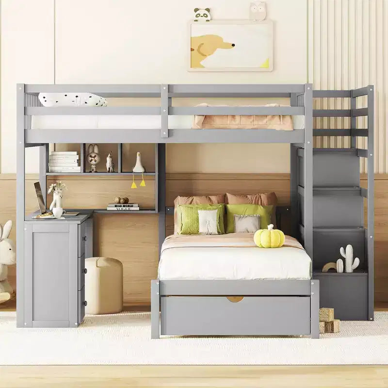 Lit superposé double sur simple avec bureau/armoire