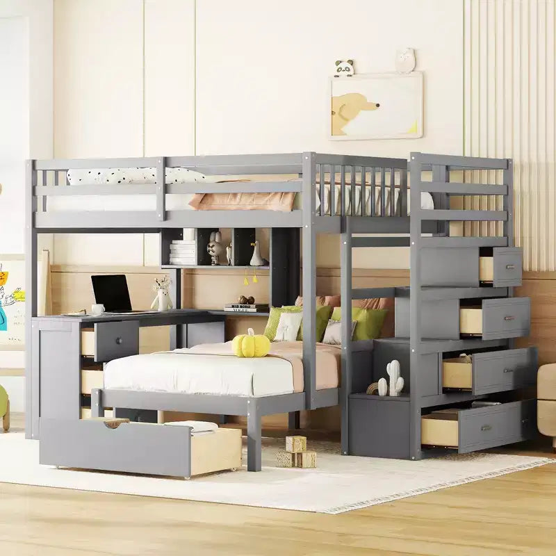 Full Over Twin Bunk Bed with Desk/Wardrobe and Drawers 4W - ModernLuxe