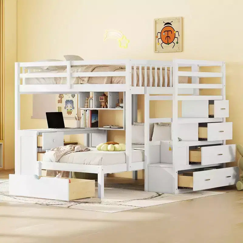 Lit superposé double sur simple avec bureau/armoire