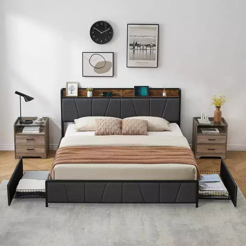 Twin/Full/Queen/King Size Bed Frame with 2 Storage Drawers and Charging Station