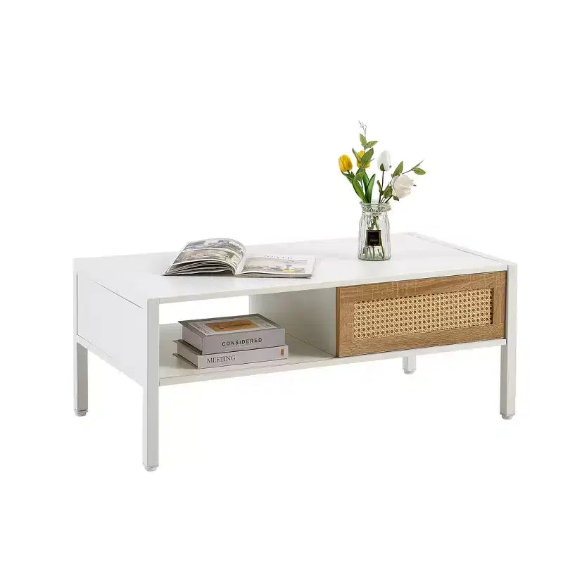 Table basse en rotin avec pieds en bois massif/métal