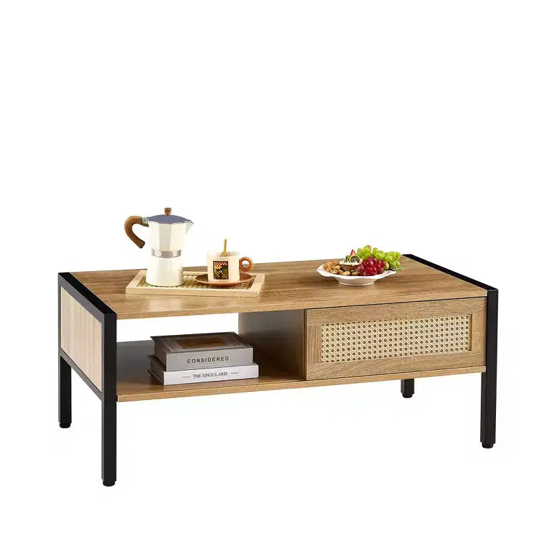 Table basse en rotin avec pieds en bois massif/métal