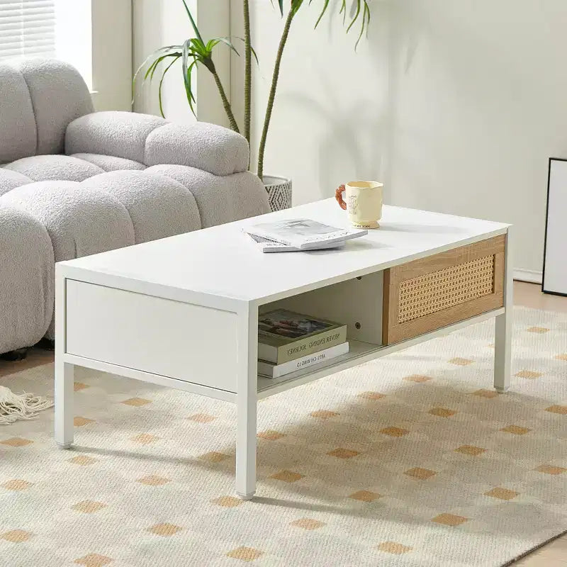 Table basse en rotin avec pieds en bois massif/métal