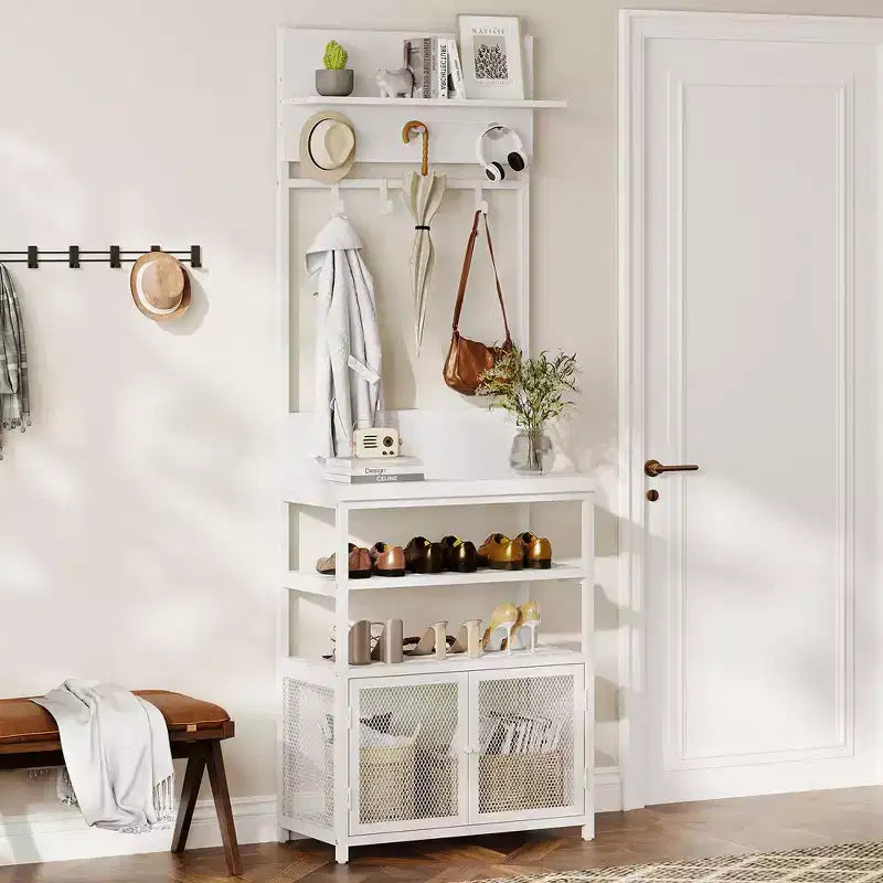 Coat Rack Shoe Storage 72.8in White Hall Tree with Doors Narrow Coat Tree Shoe Shelf Organizer with 7 Hooks for Entryway Bedroom and Mudroom