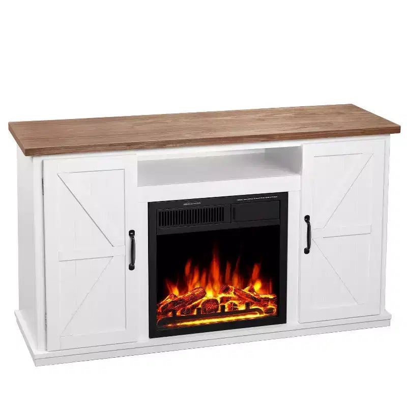 R.W.FLAME 48'' Electric Fireplace with Wood Mantel Storage Pearl Freestanding Fireplace Mantel with Log Lockers & Remote Control Adjustable Led Flame